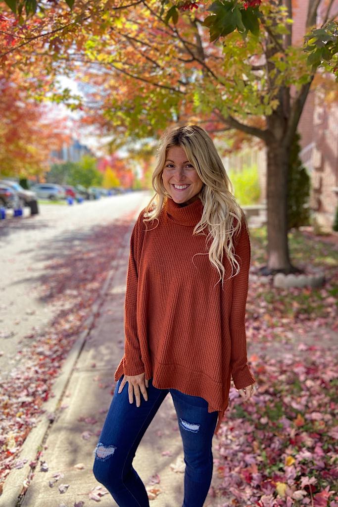 Rust Waffle Brushed Turtleneck Top