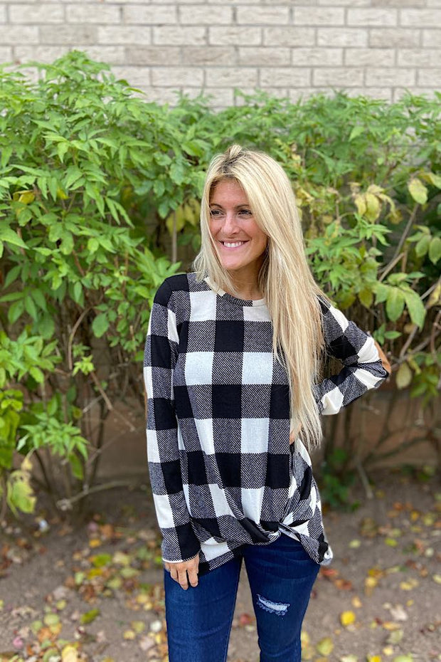 Classy Plaid Knot Elbow Patch Top