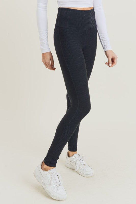 Black Textured Lyrca-Blend High Waisted Leggings