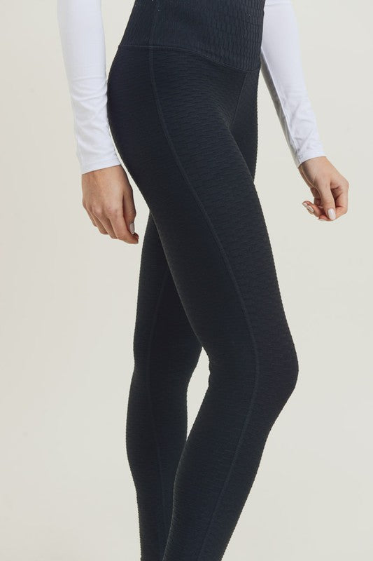 Black Textured Lyrca-Blend High Waisted Leggings