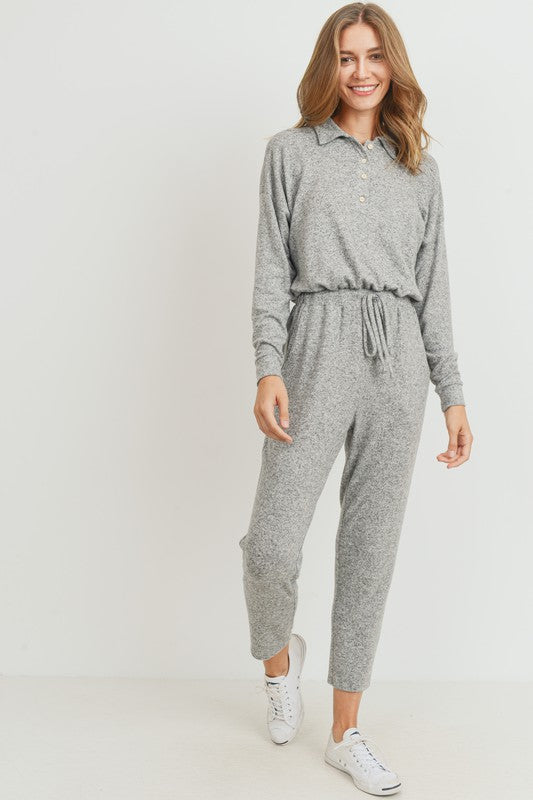 Collared Button Long Sleeves Pocket Jumpsuit