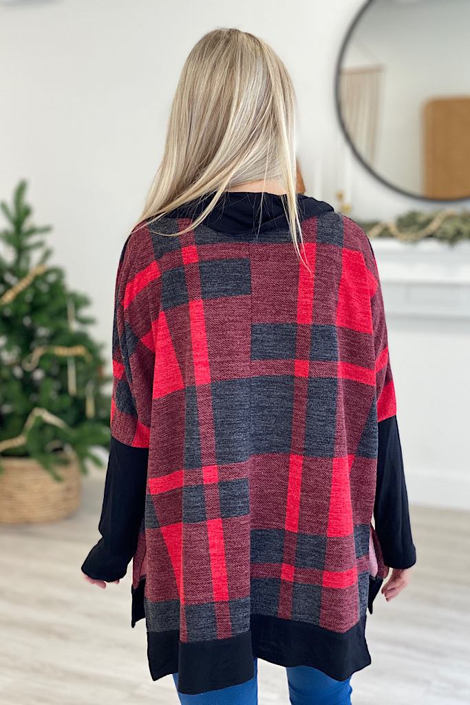 Red Plaid Boho Cowl Neck Top-Clearance