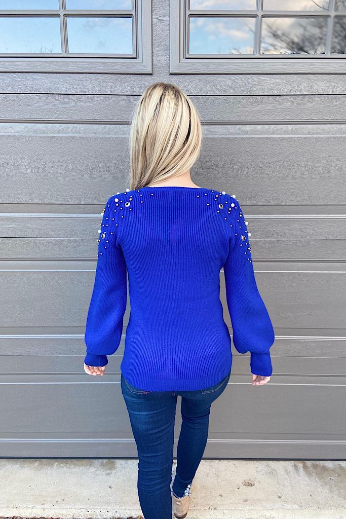Royal Blue Dreams Embellish On Shoulder Sweater-Promo