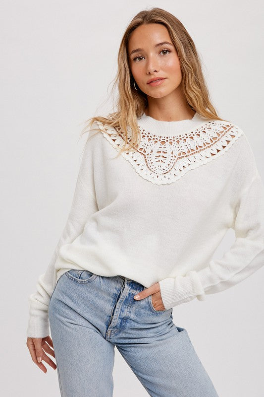 Crochet Lace Trim Pullover Sweater