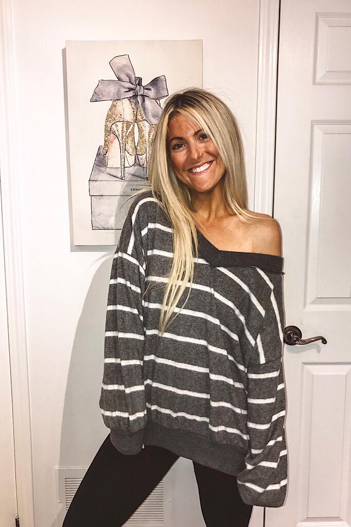 Grey and White Striped V Neck Sweater