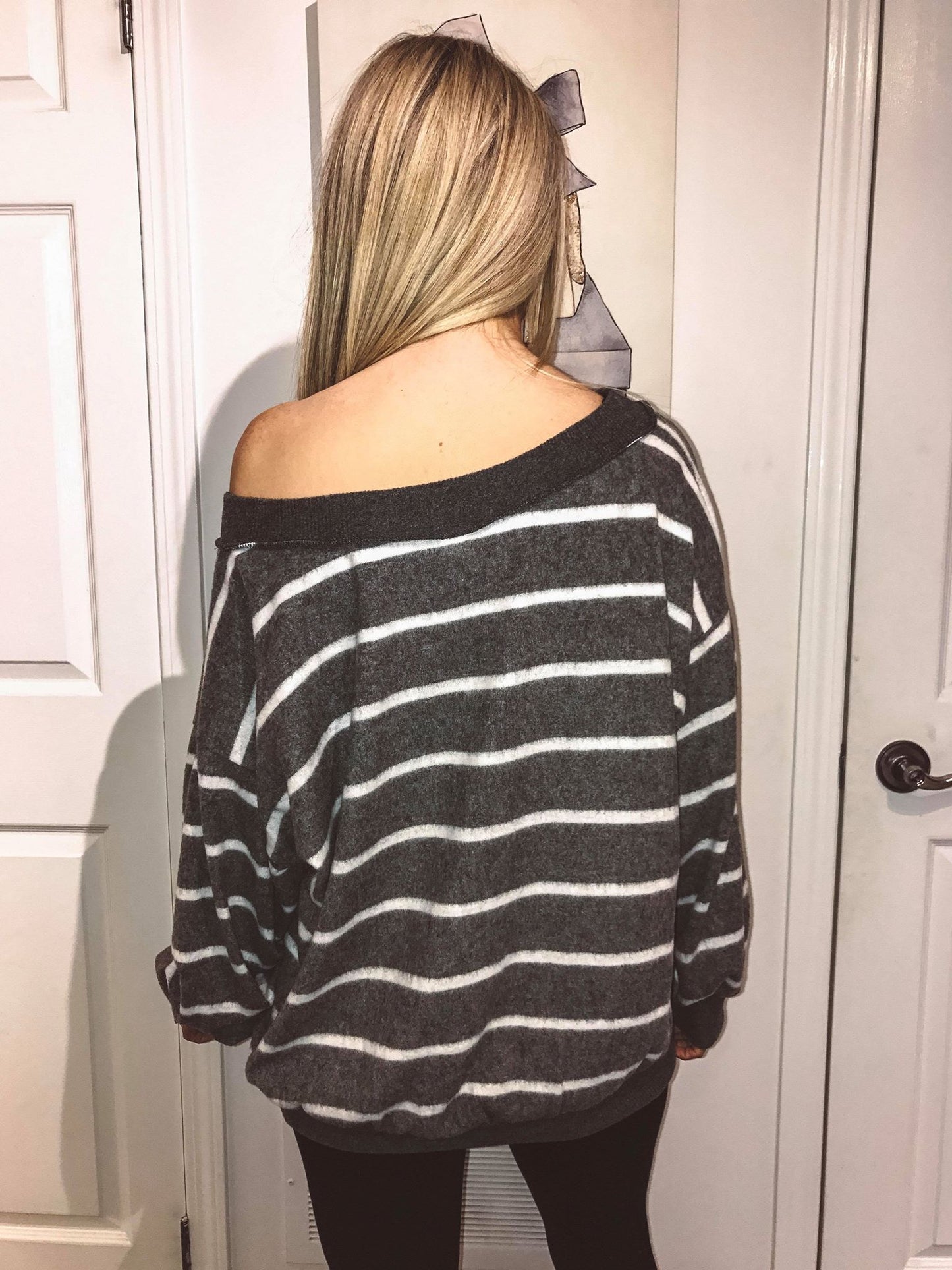 Grey and White Striped V Neck Sweater