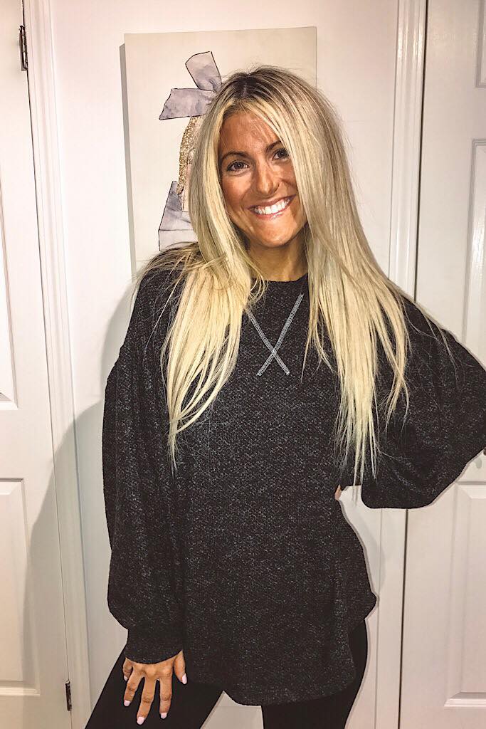 Charcoal Balloon Sleeve Two Toned Knit Soft Top