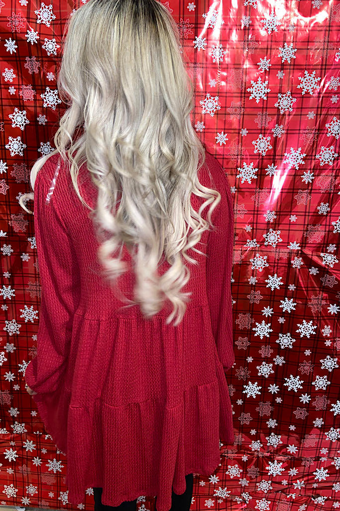 Red Boho Knit Waffle Top