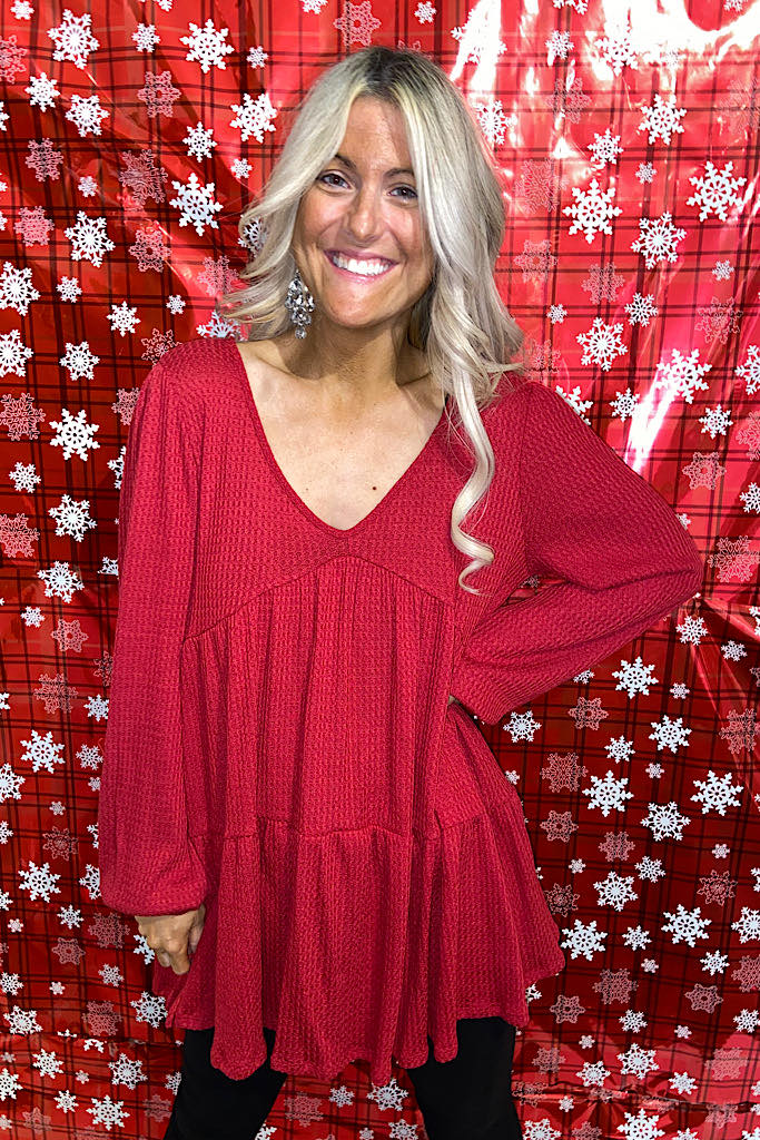 Red Boho Knit Waffle Top