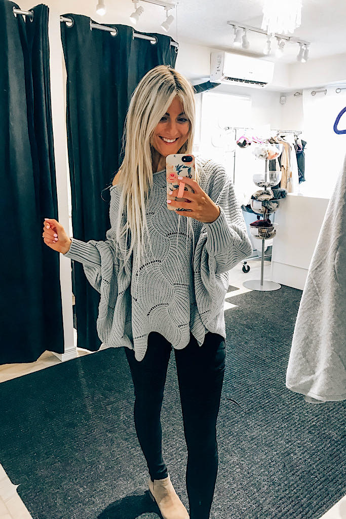 Chunky Batwing Knit Scallop Hem Sweater-Blue Grey