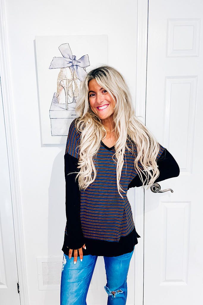 Fun Teal Striped Black Contrast Top