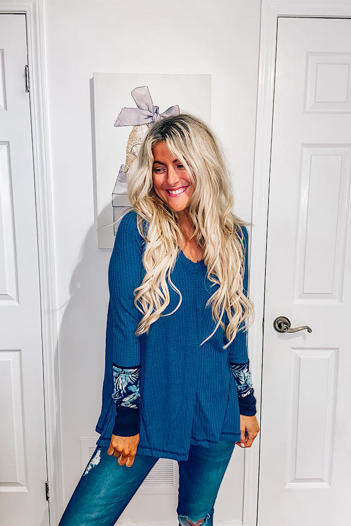 Blue Waffle V Neck With Navy Contrast Sleeves-Restocked