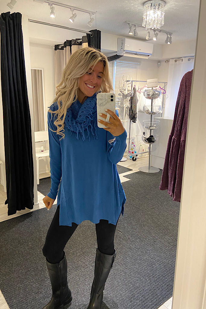 Blue Cashmere Feel Tunic With Scarf