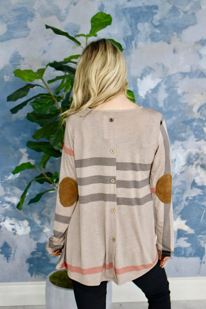 Tan Plaid Elbow Patch Button Back Top