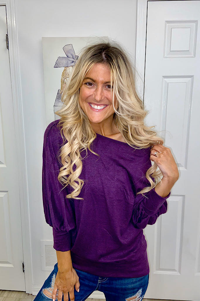 Cashmere Feel Boat Neck Dolman Sleeve Eggplant Top-Promo Line