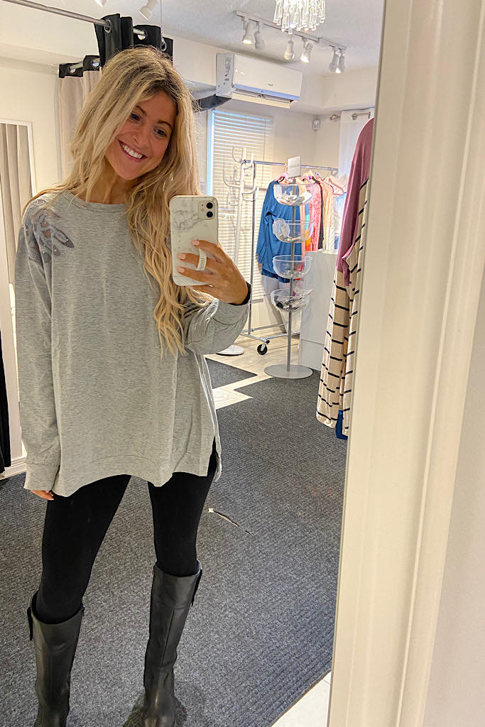 Grey Lace Mesh Pullover Dressy Sweatshirt