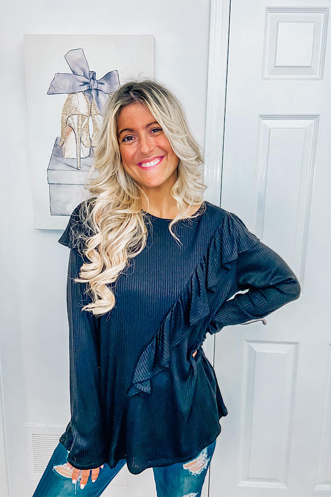 Black Rib Texture Ruffle Top- Promo