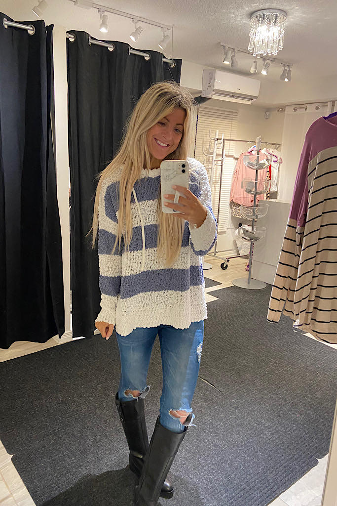 Blue And White Striped Popcorn Hoodie Sweater