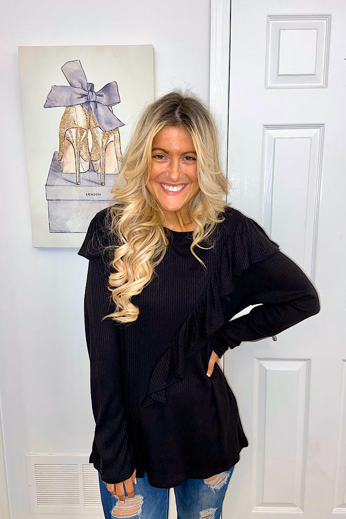 Black Rib Texture Ruffle Top- Promo