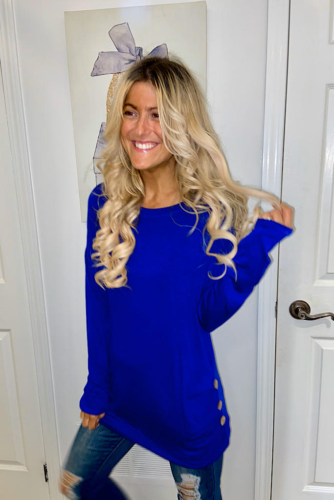 Royal Blue Long Sleeve Tunic Top With Side Button Trim- Promo Line