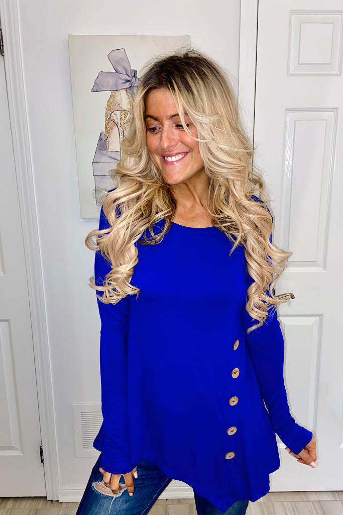 Royal Blue Long Sleeve Button Trim Asymmetrical Hem To-Promo Line
