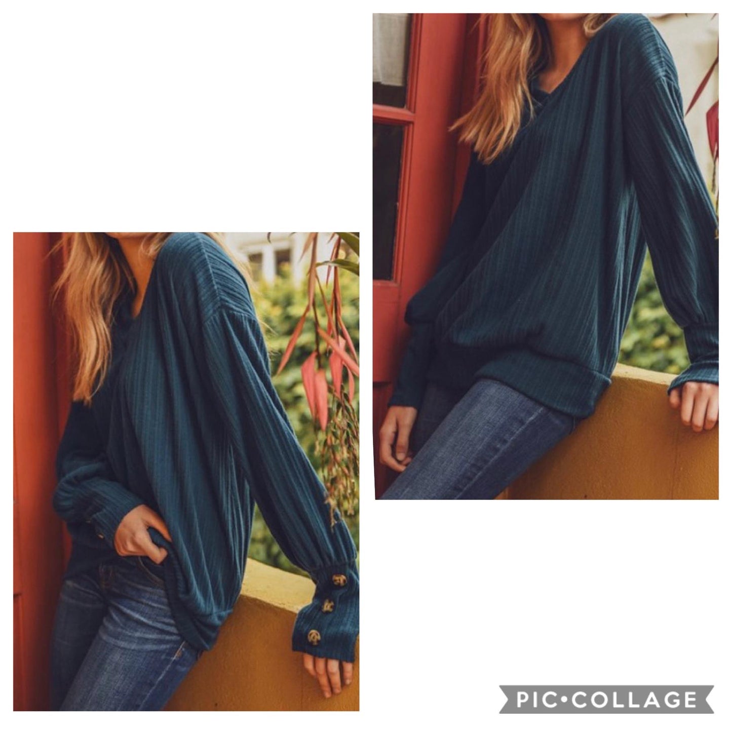 Teal Ribbed V Neck Button Detail Top