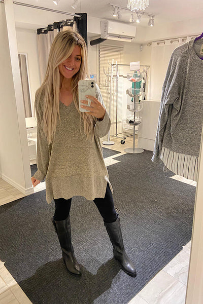 Oversized V Neck Taupe Cashmere Feel Tunic