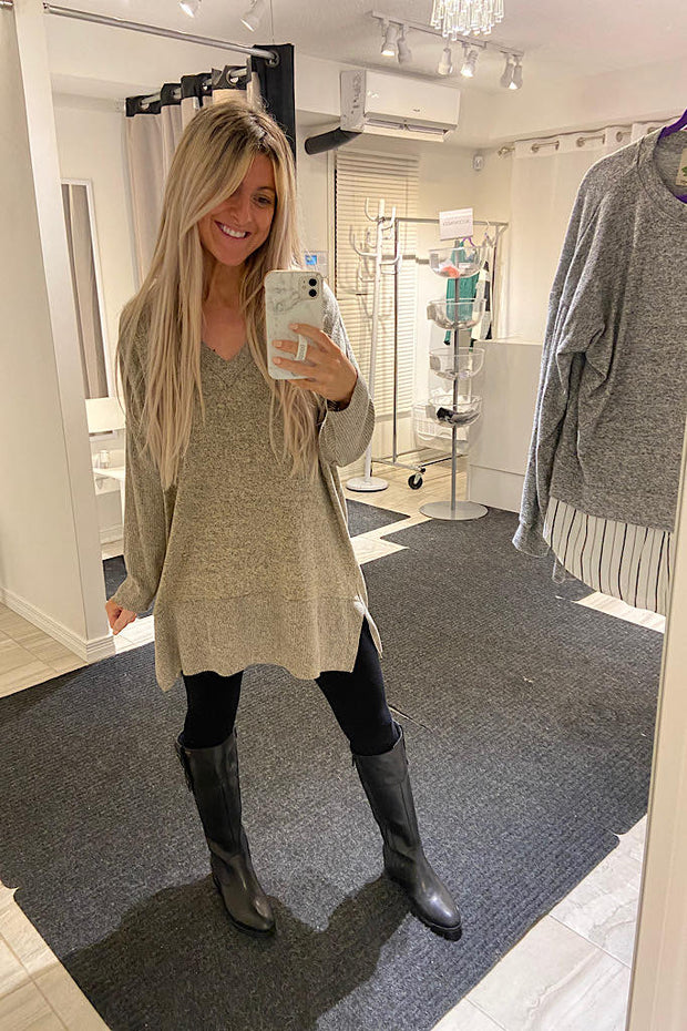 Oversized V Neck Taupe Cashmere Feel Tunic