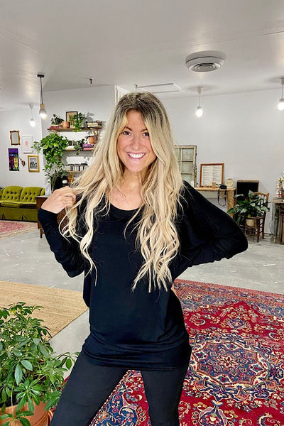 Soft Dolman Long Sleeve 2 in 1 Tops- Black