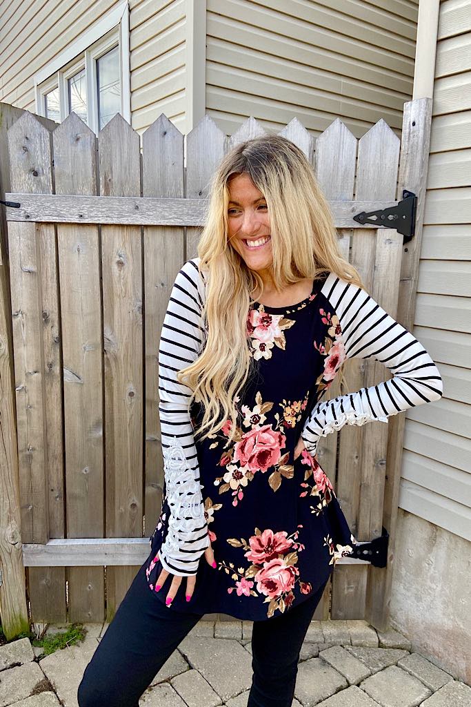 Black Floral Baseball Top With Lace