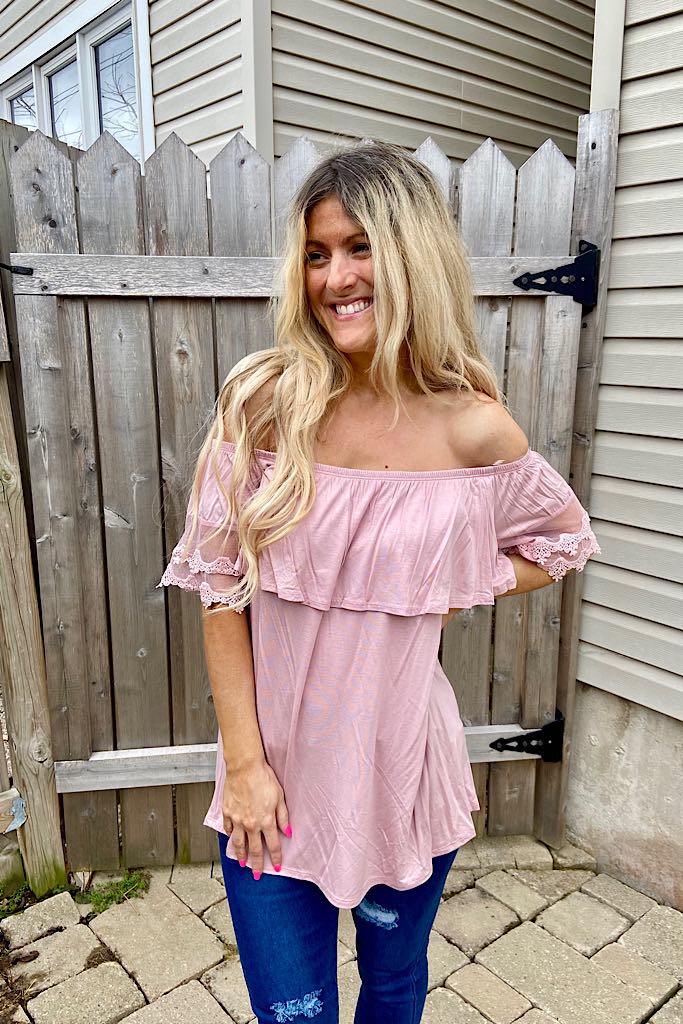 Blush Off The Shoulder Ruffled Top With Crochet Lace Detail