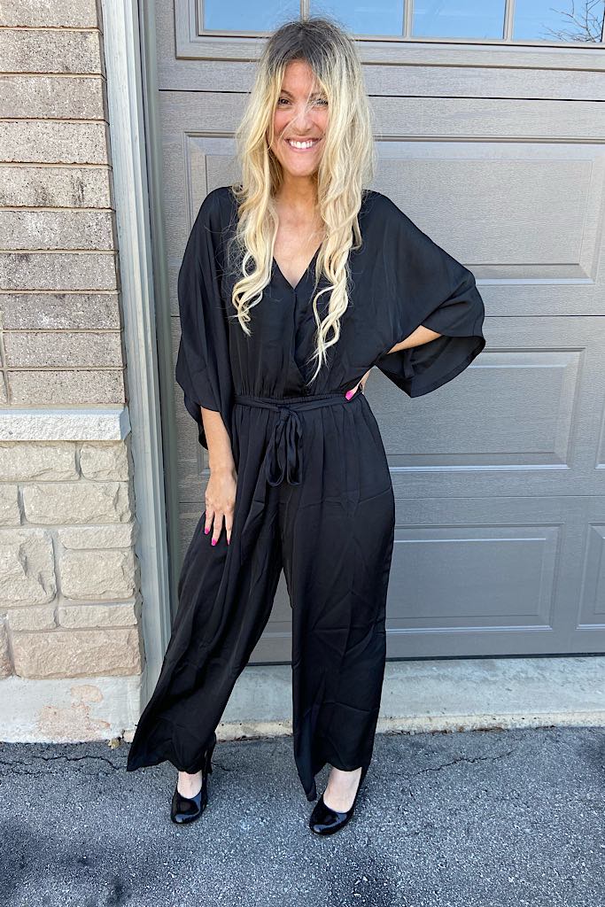 Classy Black Satin Dolman Sleeve Jumpsuit-Discounted