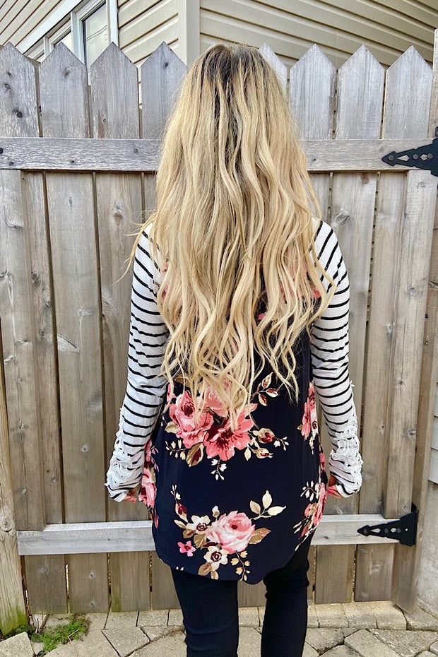 Black Floral Baseball Top With Lace