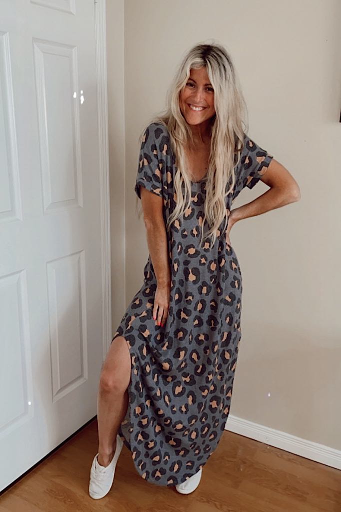 Grey Ribbed Animal Print Maxi Dress-Restocked