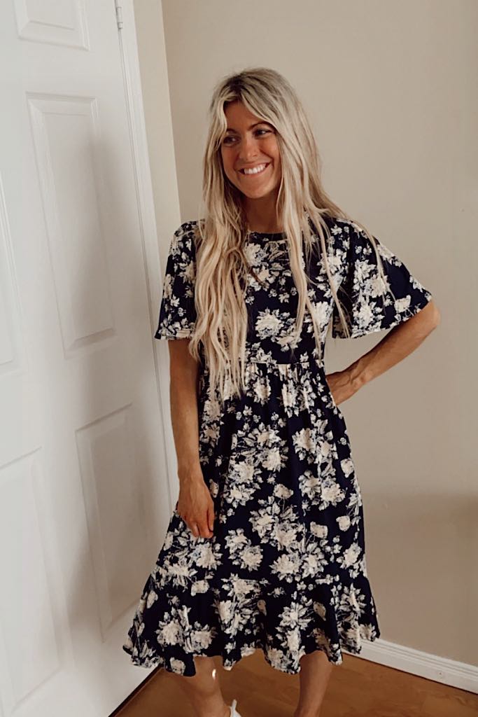 Navy Ivory Floral Dress Me Up Mermaid Hem Dress