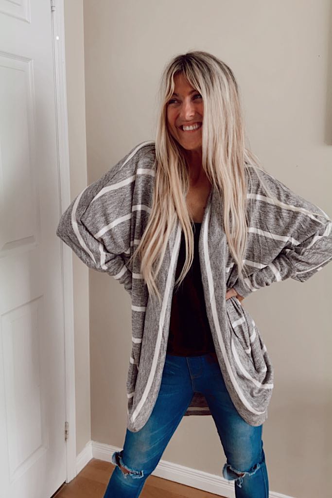 Pre Order Dolman Sleeve Striped Grey Cardigan