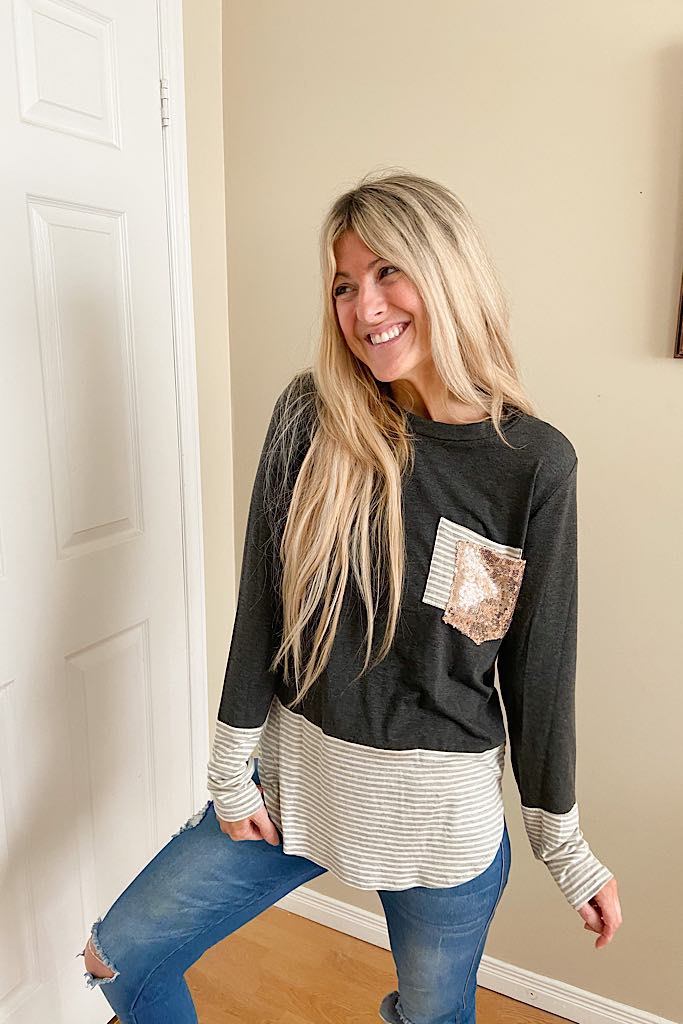 Pretty In Sequins Striped Contrast Charcoal Top