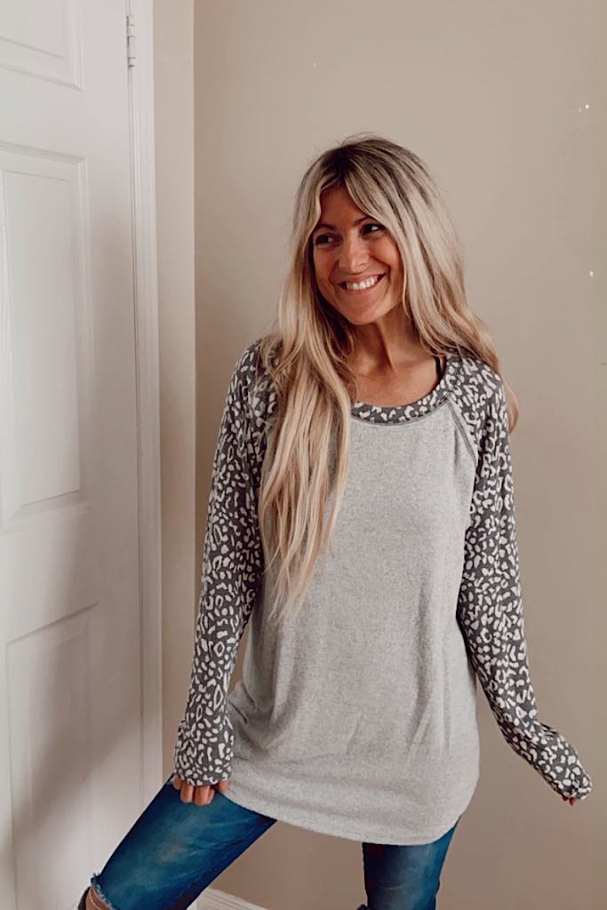 Cashmere Brushed Leopard Raglan Long Sleeve Top