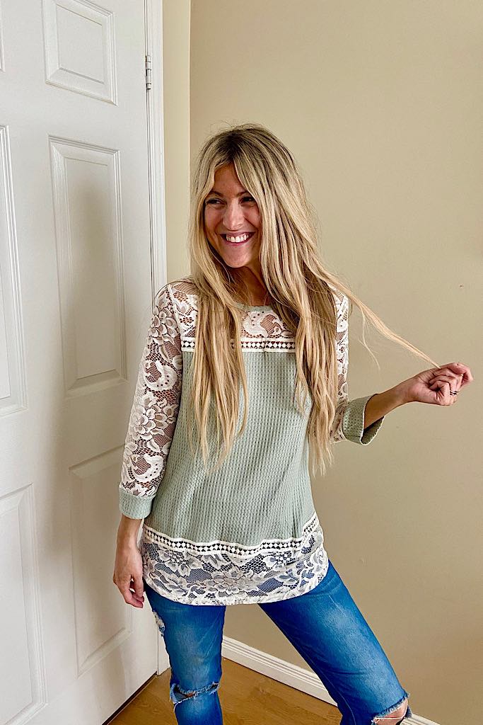 Pre Order Pretty In Sage Lace Waffle Top