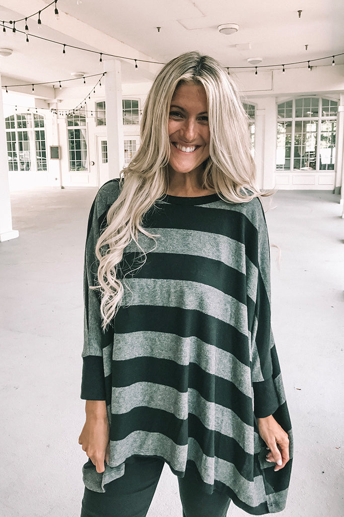 Boho Soft Brushed Striped Tops- Grey/Black