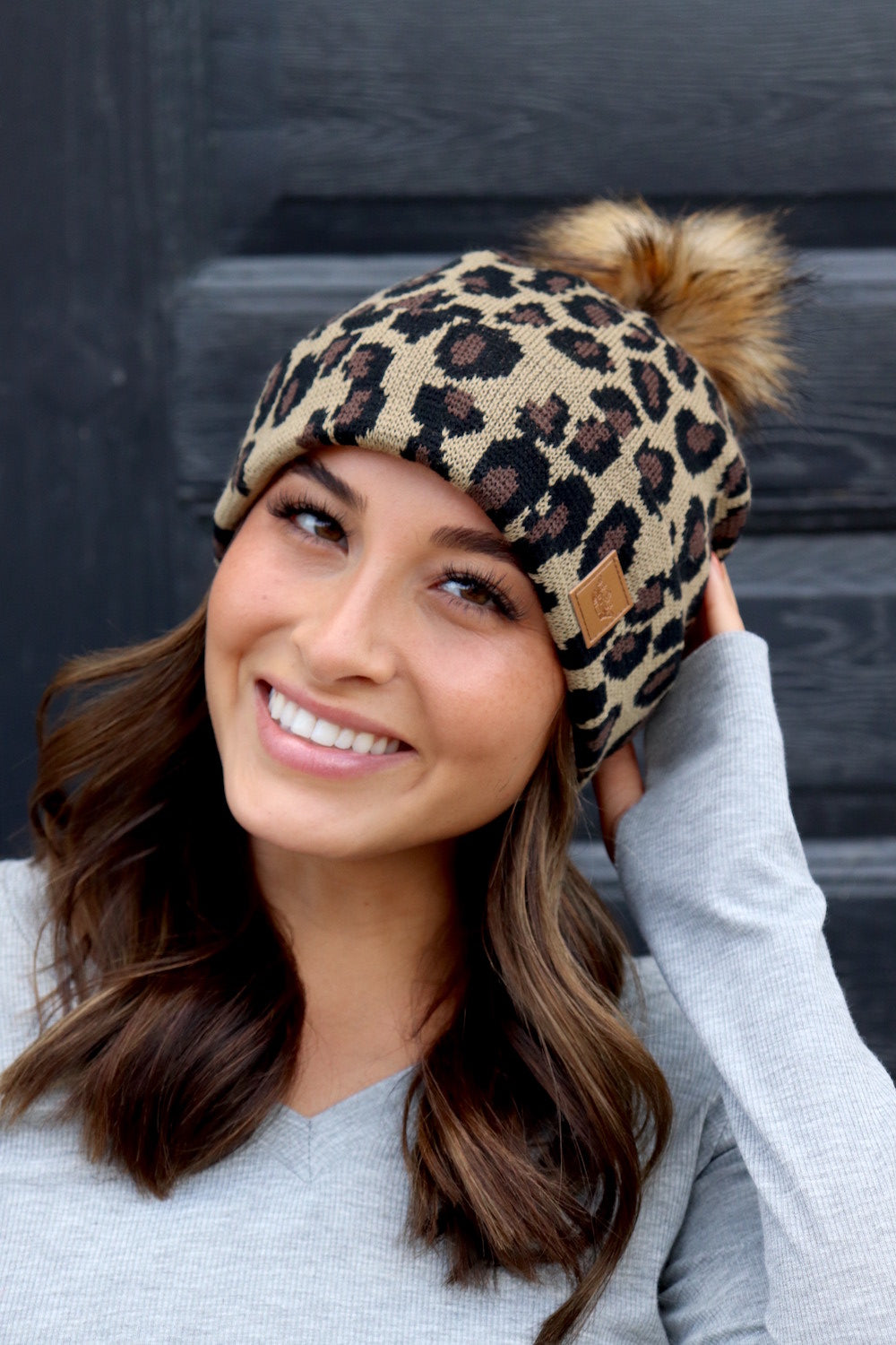 Leopard Knit Hat With Pom accent