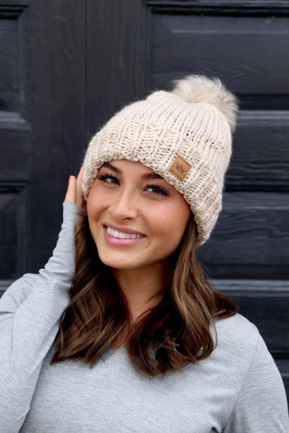 Taupe Fleece Lined Pom Hat