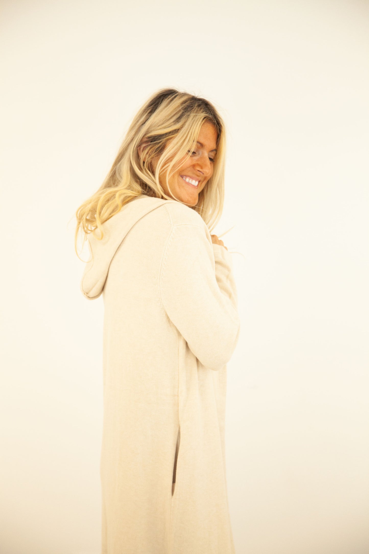 Beige Cashmere Blend Hoodie Duster-Clearance