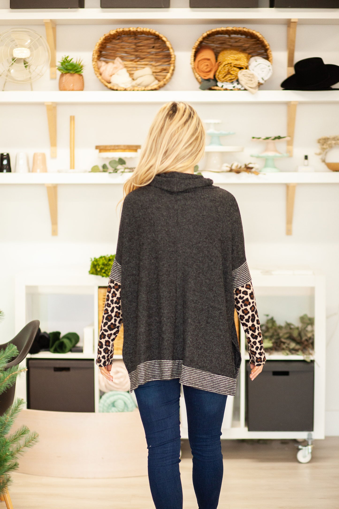 Heather Black Ribbed Cowl Boho Top