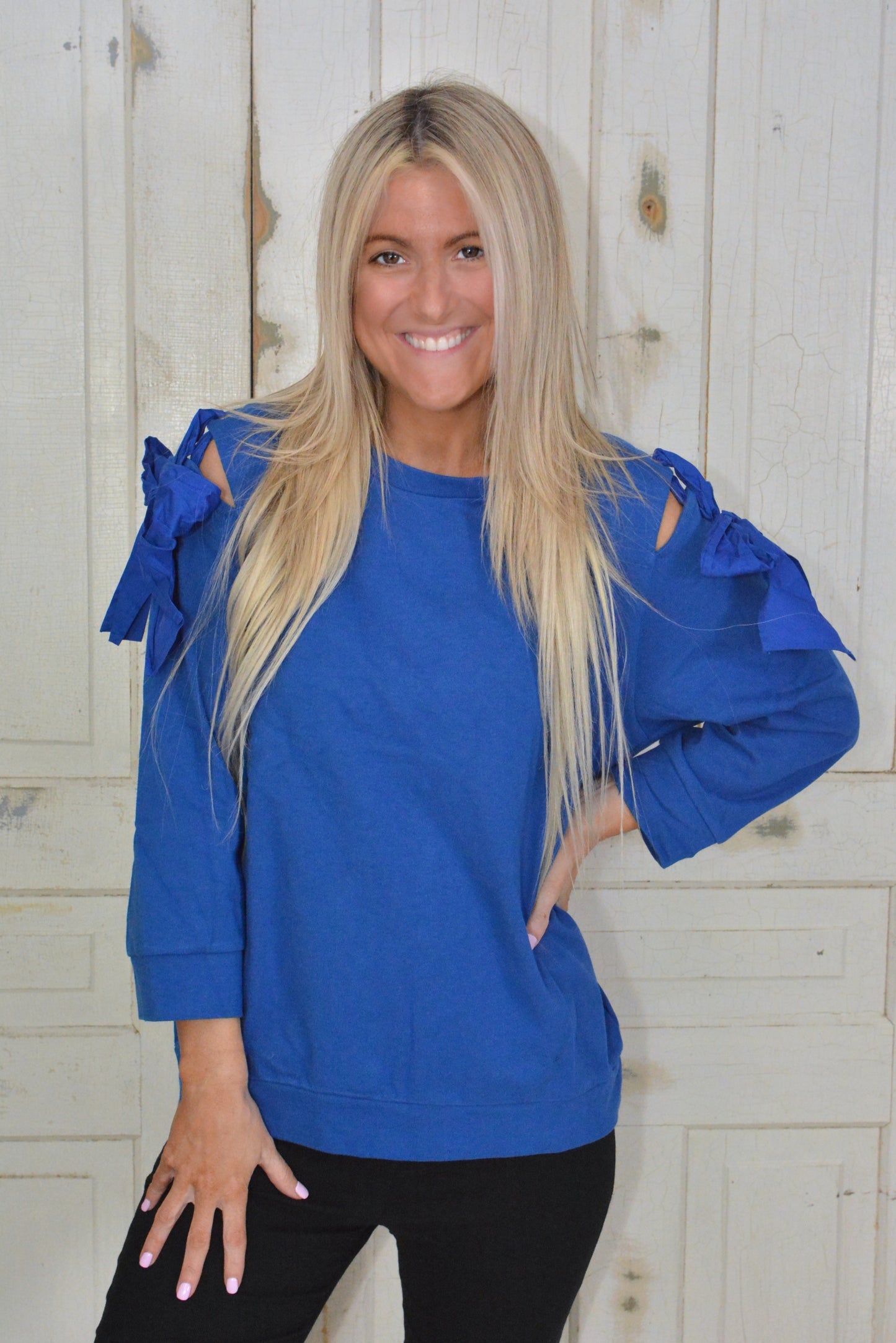 Royal Blue Cold Shoulder Bow Sleeve Sweater - Flash Sale