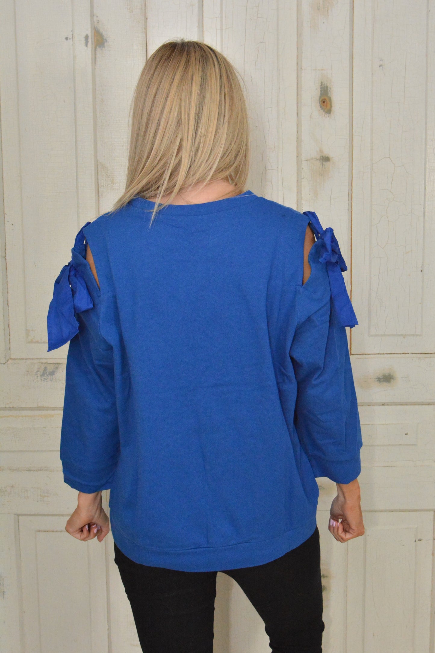 Royal Blue Cold Shoulder Bow Sleeve Sweater - Flash Sale