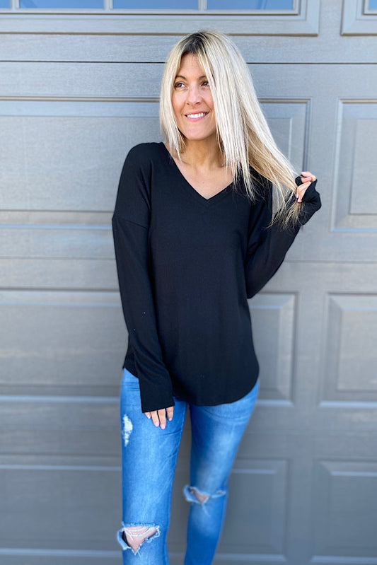 Classy In Black V Neck Soft Brushed Top