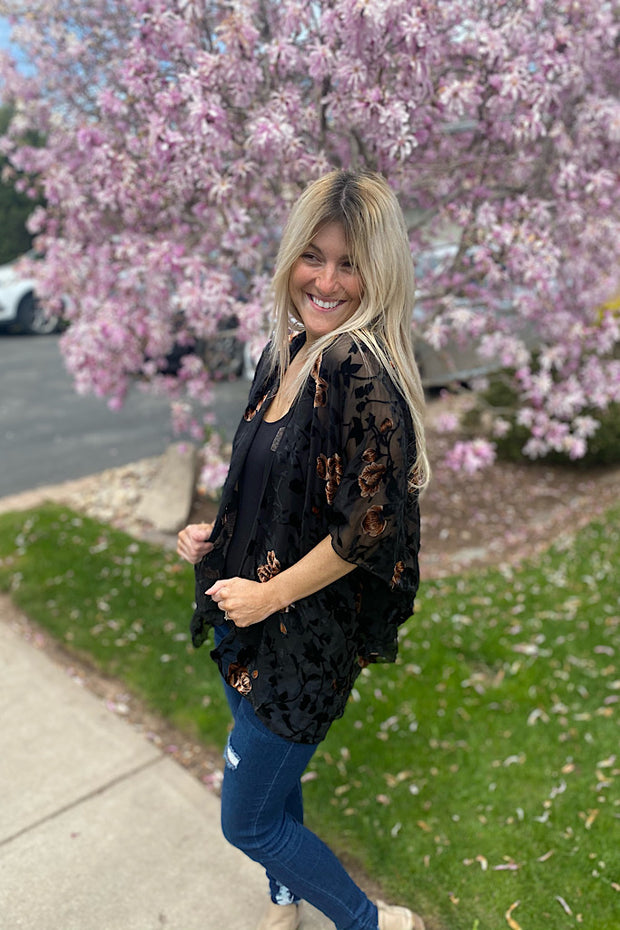 Black Floral Velvet Mix Kimono