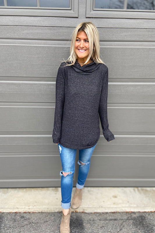 Heather Black Ribbed Cowl Top