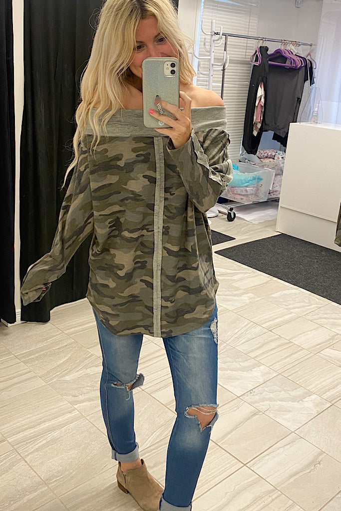 Olive Camo Off Shoulder Top